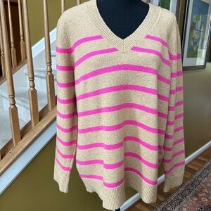 Loft Tan & Pink Striped Relaxed V-neck Sweater (XL)